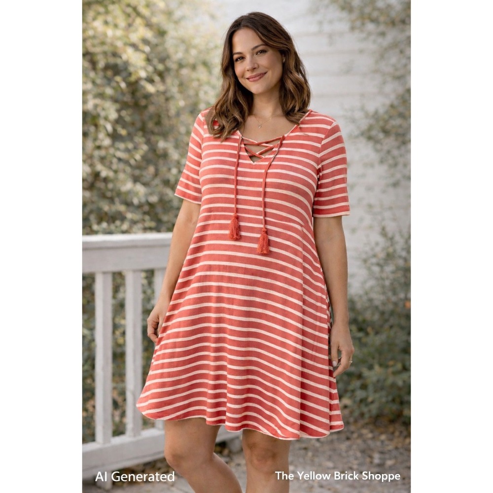 No Comment Coral Stripe Swing Dress Lace Up Neck Short‎ Sleeve Junior L NWT